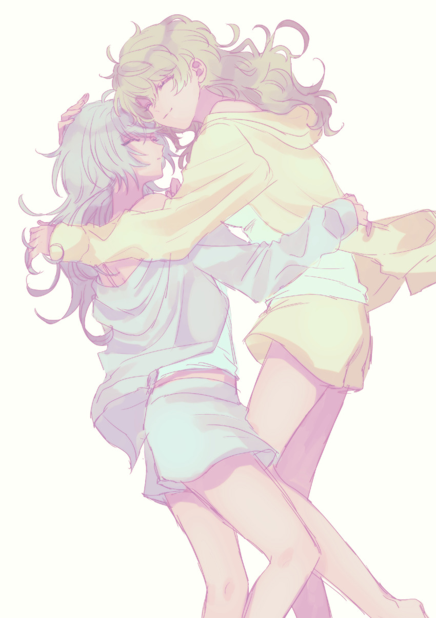 2girls, absurdres, blue_hoodie, blue_shirt, blue_shorts, closed_eyes, closed_mouth, commentary_request