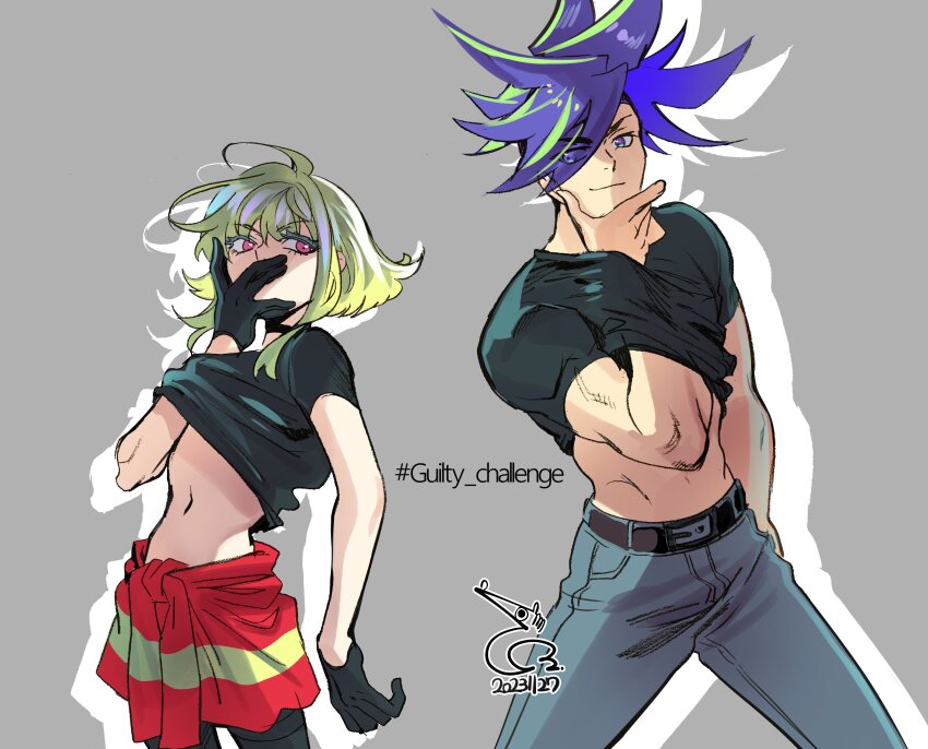 2boys, abs, absurdres, androgynous, asymmetrical_hair, bae_(baebae), black_gloves, black_shirt