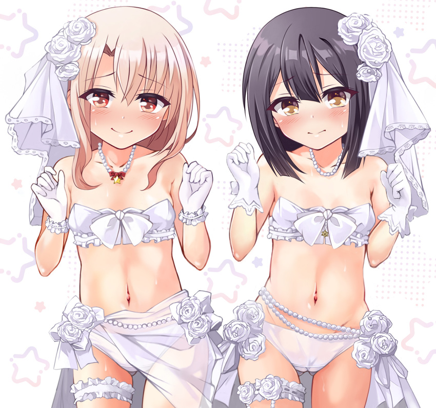 2girls, bare_shoulders, black_hair, blush, bra, breasts, bridal_veil, brown_eyes