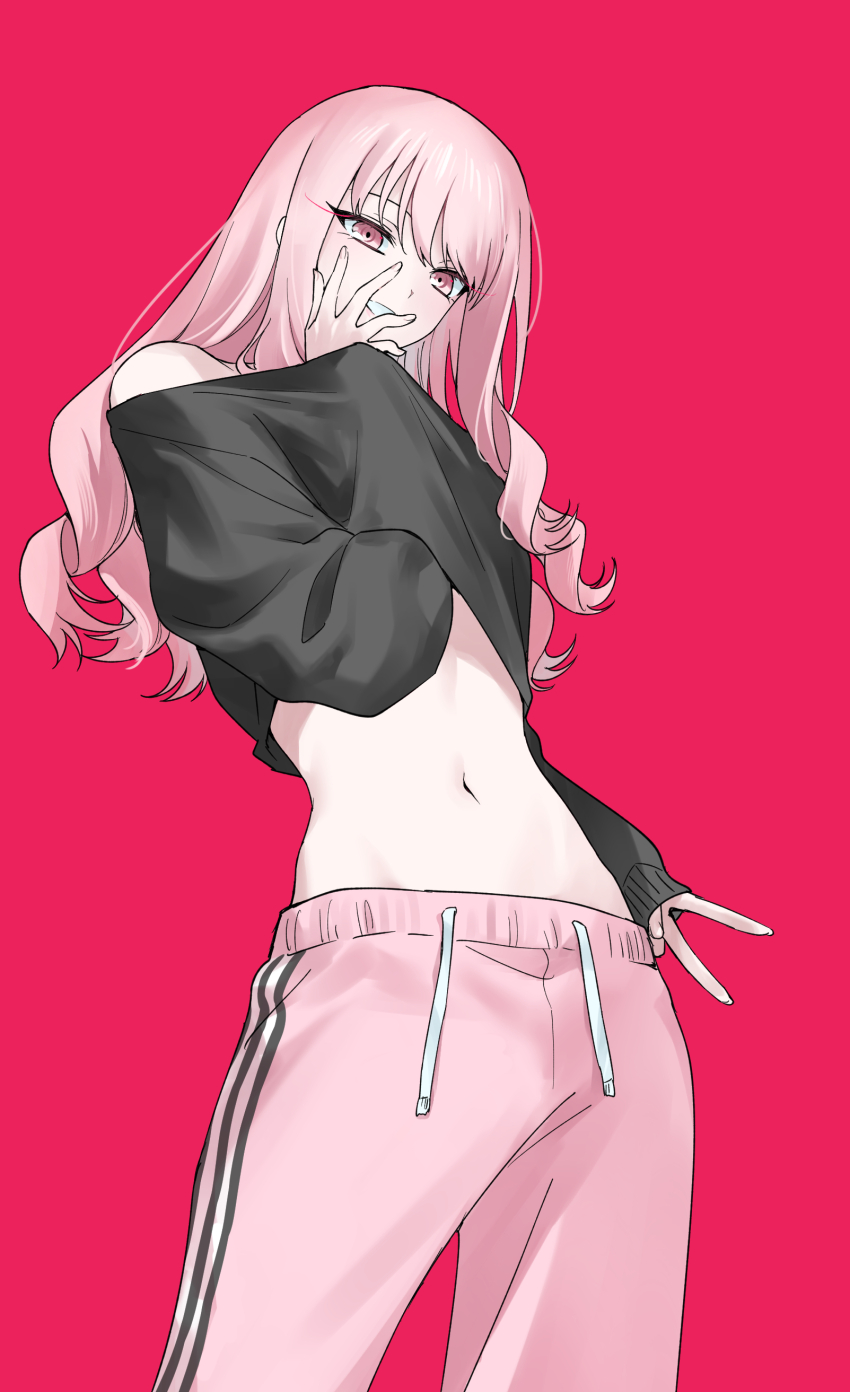 1other, absurdres, akiyama_mizuki, alternate_costume, androgynous, black_hoodie, clothes_lift, covering_own_mouth, guilty_challenge_(meme), hand_in_clothes, hand_over_own_mouth, hand_under_clothes, hand_under_shirt, highres, hood, hoodie, long_hair, long_sleeves, looking_at_viewer, meme, navel, off_shoulder, pants, pink_background, pink_eyes, pink_hair, pink_pants, pink_theme, pitteoggamja_(cyocyo_1234), project_sekai, shirt, shirt_lift, smile, standing, stomach, sweatpants, v, wavy_hair