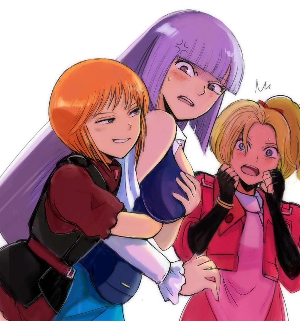 3girls, anger_vein, angry, belt, belt_buckle, belt_pouch, black_gloves, black_vest, blonde_hair, blue_eyes, blue_skirt, blue_tank_top, blunt_bangs, bow, bracelet, breasts, buckle, buttons, cleavage_cutout, clothing_cutout, collar, detached_collar, detached_sleeves, elbow_gloves, elle_vianno, elpeo_puru, fingerless_gloves, frilled_shorts, frilled_sleeves, frills, from_side, gacha-m, gloves, grabbing_another's_breast, grabbing_from_behind, groping, gundam, gundam_zz, hair_bow, height_difference, high_ponytail, jacket, jewelry, large_breasts, long_hair, multiple_girls, open_mouth, orange_hair, pink_jacket, pink_shirt, ponytail, pouch, purple_eyes, purple_hair, red_belt, red_bow, red_shirt, red_shorts, roux_louka, scowl, shirt, short_hair, short_shorts, shorts, sidelocks, skirt, smirk, surprised, sweat, sweatdrop, tank_top, teeth, triangle_button, vest, white_collar, white_sleeves, yuri