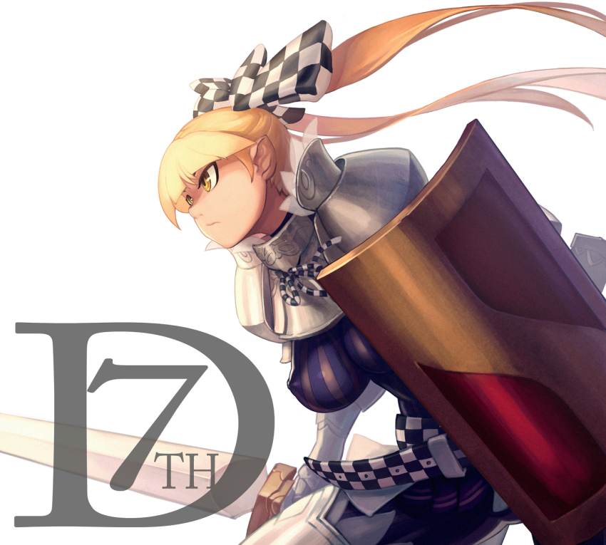 1girl, 7th_dragon, 7th_dragon_(series), armor, berich_(7th_dragon), blonde_hair, bow, breasts, covered_erect_nipples, female_focus, hair_bow, highres, kinggainer, knight_(7th_dragon), large_breasts, long_hair, ponytail, shield, solo, sword, weapon, yellow_eyes