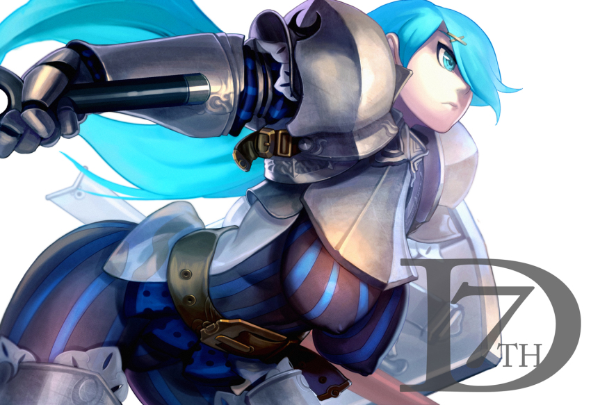 1girl, 7th_dragon, 7th_dragon_(series), aqua_eyes, aqua_hair, armor, breasts, covered_erect_nipples