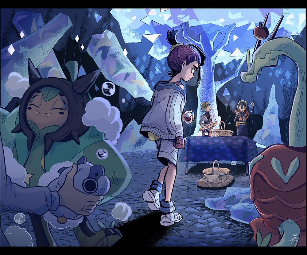 1boy, 1other, 2girls, baguette, basket, bread, briar_(pokemon), carmine_(pokemon)