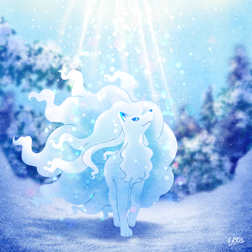 alolan_form, alolan_ninetales, blue_eyes, blurry, bokeh, bright_pupils, closed_mouth, commentary_request, day, depth_of_field, gen_7_pokemon, highres, looking_up, nintendo, no_humans, outdoors, pokemon, pokemon_(creature), signature, smile, snow, solo, standing, uta_(pixiv_4699580), white_pupils, winter