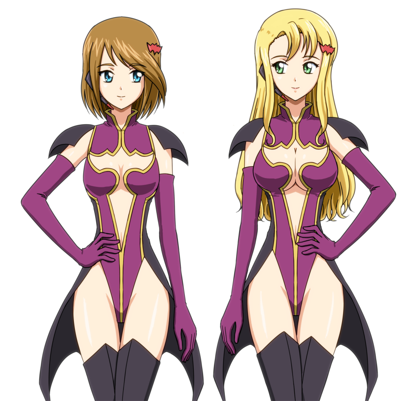 2girls, absurdres, bat_hair_ornament, black_thighhighs, blonde_hair, blue_eyes, breasts, brown_hair