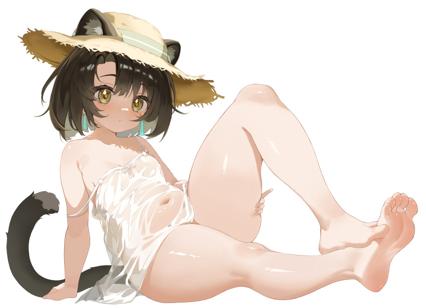 1girl, absurdres, animal_ear_fluff, animal_ears, arknights, arm_support, barefoot, black_hair, blush, breasts, cat_ears, cat_girl, cat_tail, dress, earrings, feet, female_focus, full_body, hat, highres, jewelry, loli, looking_at_viewer, mandragora_(arknights), navel, off_shoulder, see-through_clothes, short_hair, simple_background, soles, solo, strap_slip, straw_hat, sun_hat, sundress, tail, thick_thighs, thighs, toes, white_background, white_dress, wo_henduo_rou