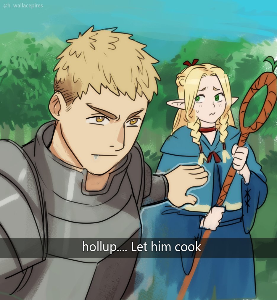 1boy, 1girl, armor, blonde_hair, blue_capelet, blue_robe, capelet, choker, commentary, drooling, dungeon_meshi, elf, english_commentary, english_text, full_armor, holding, holding_staff, laios_touden, let_him_cook_(meme), light_brown_hair, long_hair, looking_at_another, marcille_donato, meme, outdoors, pointy_ears, red_choker, robe, short_hair, snapchat, staff, standing, sweatdrop, wallace_pires
