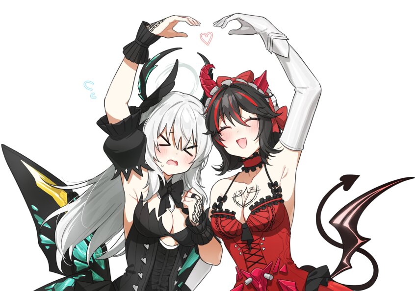 >_<, 2girls, black_dress, black_hair, black_sleeves, breasts, broken_horn, butterfly_wings