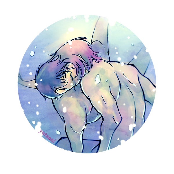 2boys, artist_name, bare_arms, bare_back, brown_hair, bubble, circle_cutout, closed_eyes