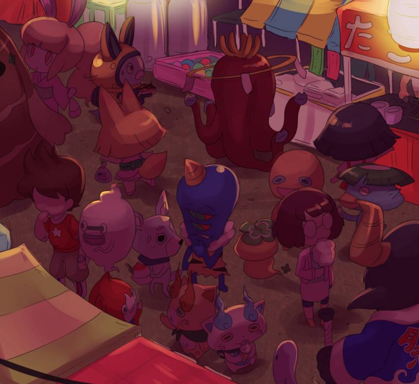 4girls, amano_keita, bag, bagged_fish, character_request, cotton_candy, festival, fish