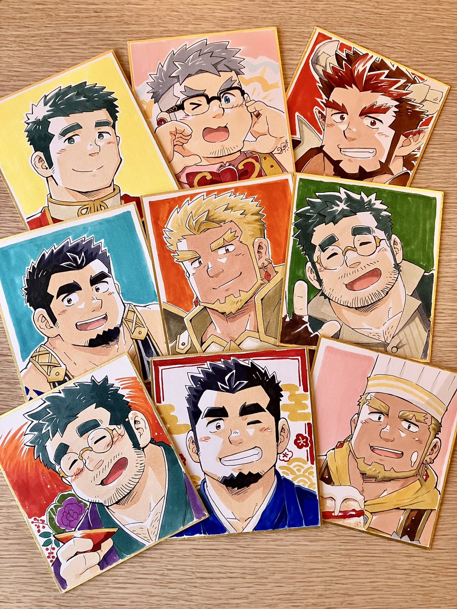 >_o, 6+boys, =_=, bara, beard, beard_stubble, blush, chest_hair_peek