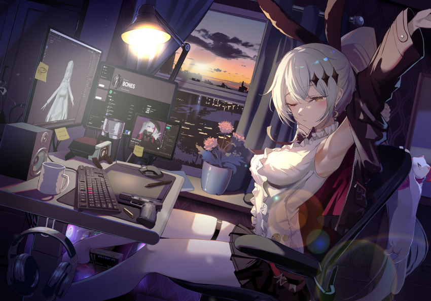 1girl, armpits, black_bow, black_bowtie, bow, bowtie, breasts, brown_eyes