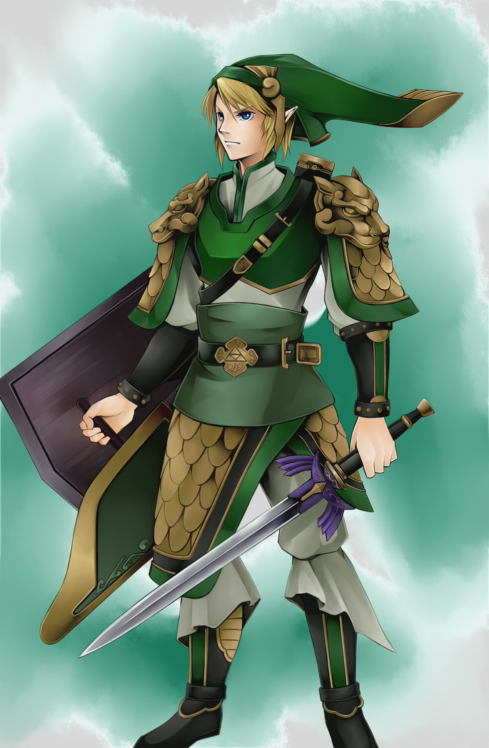 1boy, alternate_costume, armor, blonde_hair, blue_eyes, hat, highres, holding, holding_sword, holding_weapon, link, male_focus, master_sword, nintendo, pointy_ears, quiver, redesign, shield, solo, sword, the_legend_of_zelda, weapon, yukichi_(bancho99)