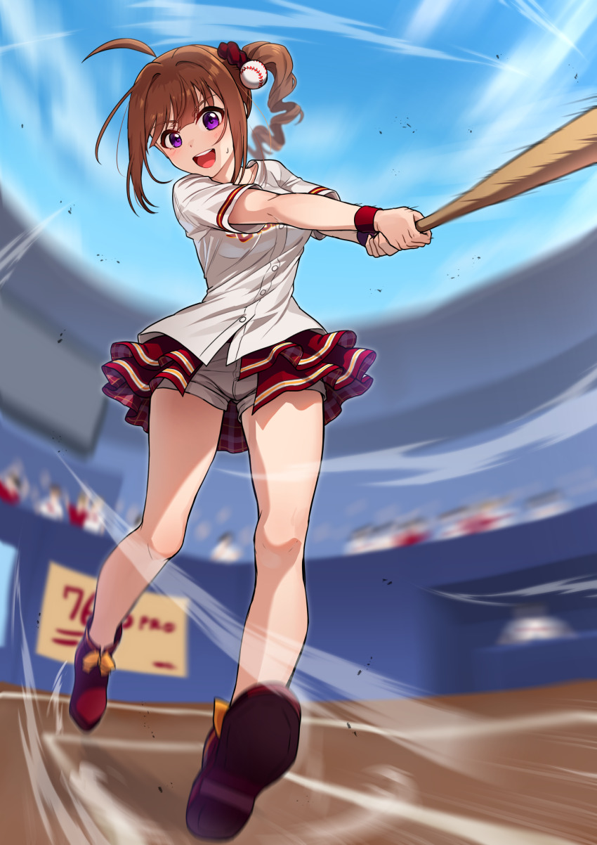 1girl, ahoge, baseball_bat, baseball_hair_ornament, baseball_jersey, black_scrunchie, black_skirt, blue_sky