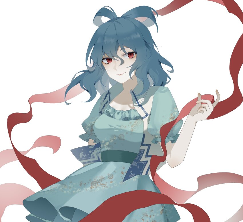 1girl, blue_dress, blue_hair, breasts, closed_mouth, commentary_request, dress, hair_rings