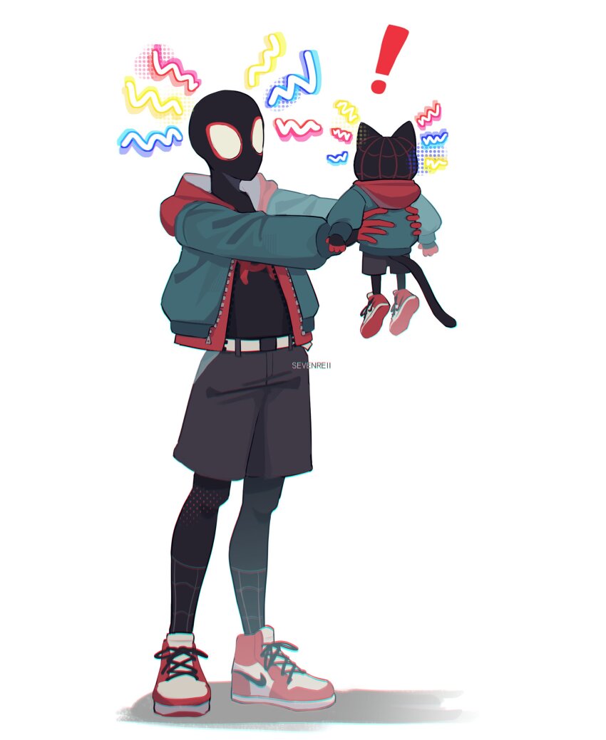 2boys, absurdres, air_jordan_1, animal, belt, black_bodysuit, bodysuit, cat