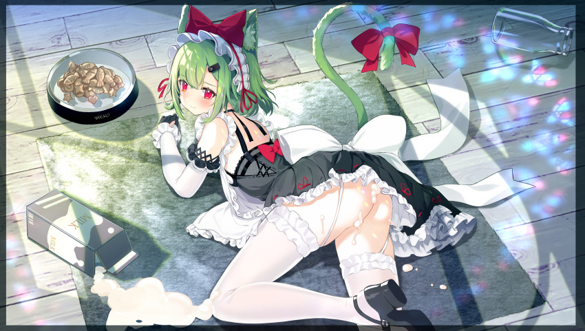 1girl, absurdres, animal_ears, artery_gear, artery_gear:_fusion, black_dress, black_footwear, bow, cat, cat_ears, dress, drink_carton, fluff, frilled_dress, frills, gloves, green_hair, hair_bow, hair_ornament, hairclip, highres, maid_headdress, medium_hair, meko_(artery_gear), meko_(forgetful_maid)_(artery_gear), milk, milk_carton, no_panties, red_bow, red_hair, red_tail, sidelocks, spilled_milk, suggestive_fluid, tail, tail_bow, tail_ornament, thighhighs, white_gloves, white_thighhighs, youmeng33