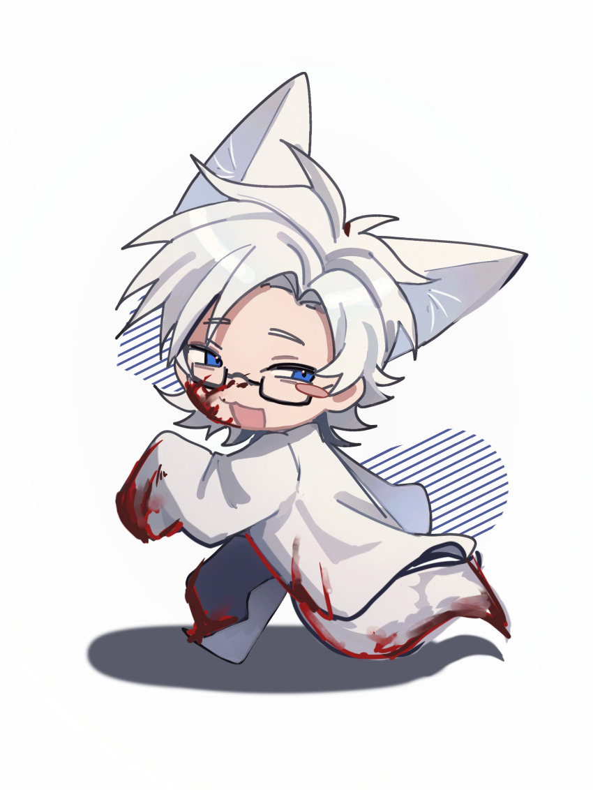 1boy, :3, absurdres, animal_ears, ashao35846, blood, blood_on_clothes, blood_on_face, blood_on_tail, blue_eyes, blush_stickers, chinese_commentary, commentary_request, fox_boy, fox_ears, fox_tail, glasses, highres, kanou_aogu, kemonomimi_mode, lab_coat, long_sleeves, male_focus, open_mouth, rectangular_eyewear, running, saibou_shinkyoku, semi-rimless_eyewear, short_hair, single_blush_sticker, sleeves_past_fingers, sleeves_past_wrists, solo, tail, white_hair