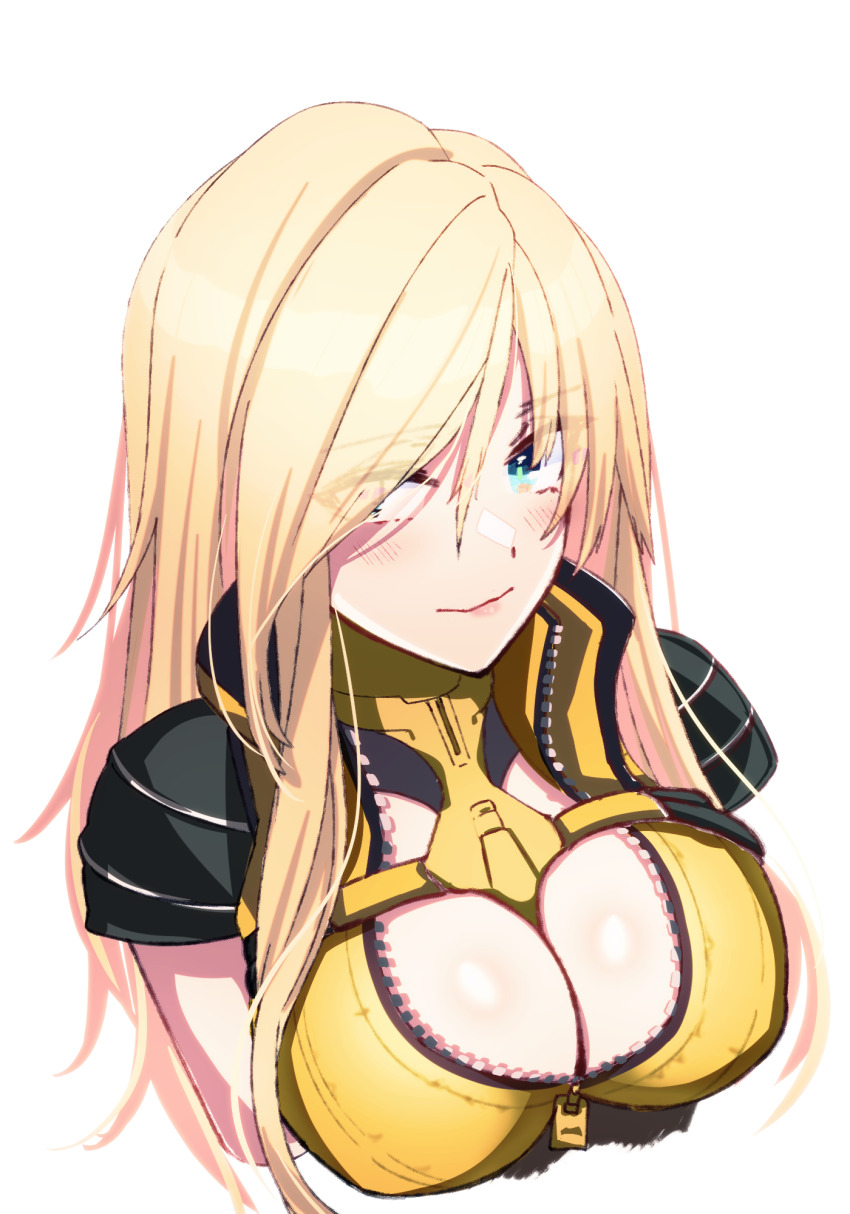 1girl, blonde_hair, blue_eyes, breasts, cleavage, cleavage_cutout, closed_mouth, clothing_cutout
