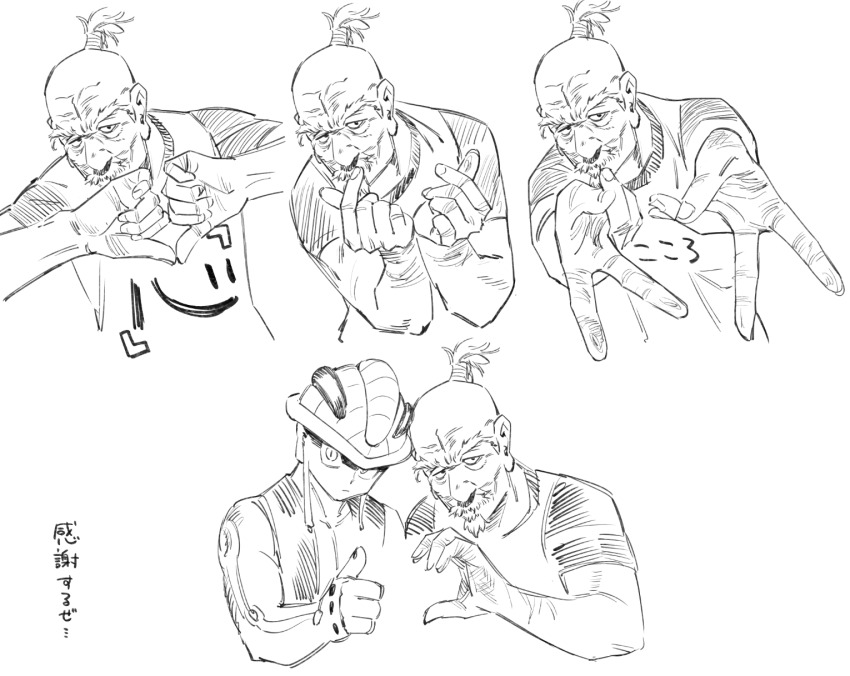 2boys, double_finger_heart, double_thumbs_down, double_v, facial_hair, finger_heart, greyscale, hand_up