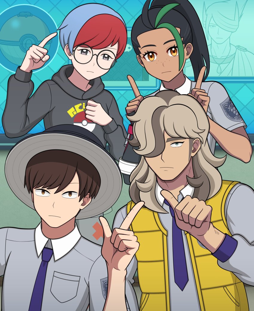 2boys, 2girls, absurdres, arven_(pokemon), black_hair, black_hoodie, blue_hair, breast_pocket