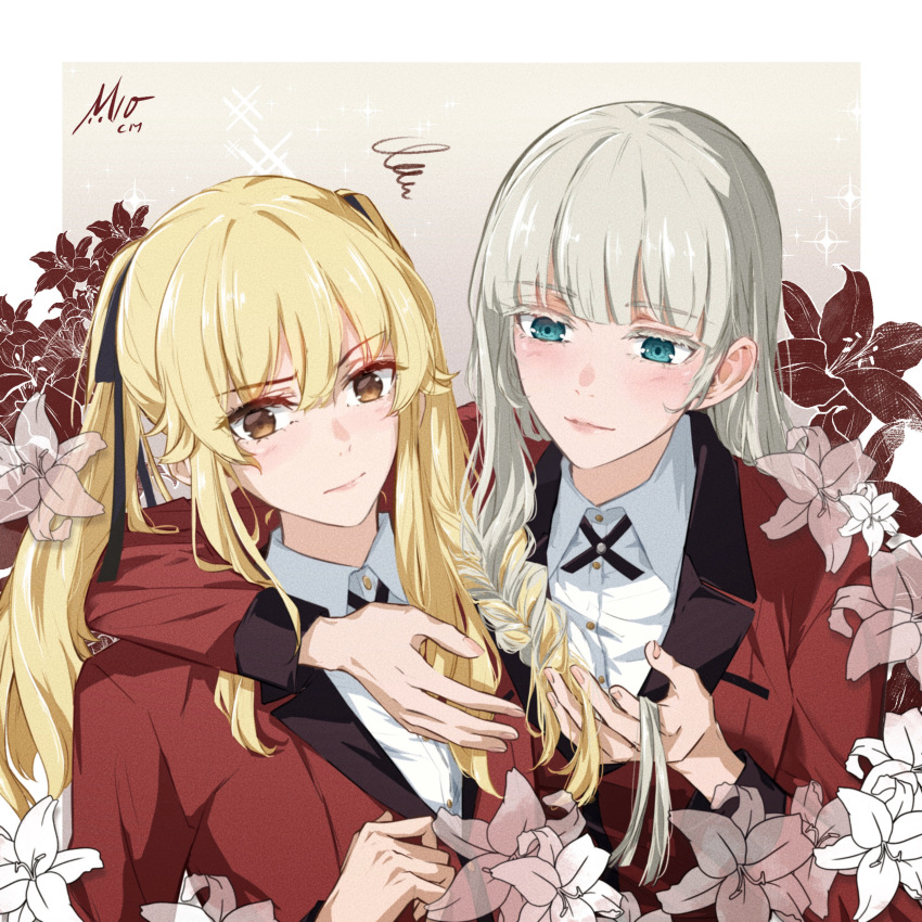 2girls, absurdres, annoyed, black_ribbon, blazer, blonde_hair, blue_eyes, blunt_bangs, blush, braid, braiding_hair, brown_eyes, closed_mouth, collared_shirt, colored_eyelashes, cross_tie, flower, hair_between_eyes, hair_over_shoulder, hair_ribbon, hairdressing, hand_in_another's_hair, hands_in_hair, highres, hyakkaou_academy_school_uniform, jacket, kakegurui, light_smile, lily_(flower), long_bangs, long_hair, long_sleeves, m10cmdesu, momobami_ririka, multiple_girls, neck_ribbon, red_jacket, ribbon, saotome_mary, school_uniform, shirt, sidelocks, signature, simple_background, single_braid, sitting, sparkle, suit_jacket, twintails, tying_hair, white_flower, white_hair, white_lily, white_shirt, yuri