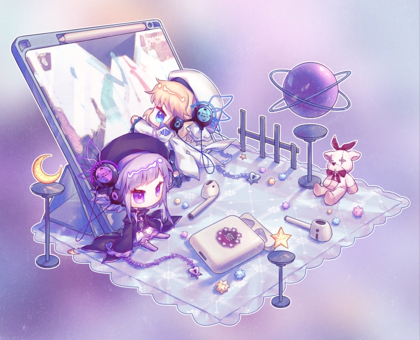 2girls, arcaea, beret, black_headwear, blonde_hair, blue_eyes, chibi, chibi_only