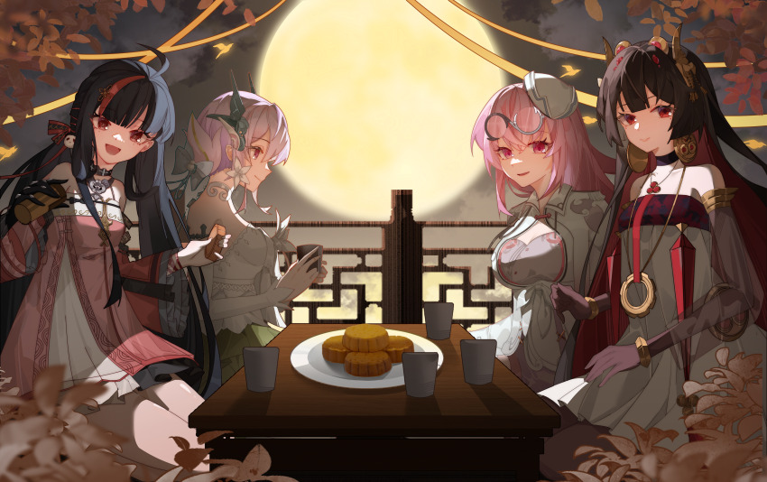 4girls, absurdres, ahoge, autumn_leaves, ayla:_kaleido_(morningstar)_(pgr), ayla:_kaleido_(pgr), ayla_(pgr), bamboo_cup, bare_legs, bare_shoulders, bird, black_hair, blunt_bangs, bracelet, breasts, center-flap_bangs, collarbone, collared_jacket, colored_inner_hair, cup, detached_sleeves, dress, earrings, elbow_gloves, eyewear_on_head, fake_horns, flower, flower_on_chest, full_moon, gloves, glowing_bird, green_skirt, hair_flower, hair_ornament, hair_rings, hairclip, halter_dress, halterneck, hat, highres, horns, jacket, jewelry, layered_dress, leaf, liv:_lux_(lingering_fragrance)_(pgr), liv_(pgr), long_hair, looking_at_viewer, low_twintails, lucia:_plume_(eventide_glow)_(pgr), lucia_(pgr), mechanical_arms, medium_breasts, mid-autumn_festival, mizu_moku_shio, mole, mole_under_each_eye, mole_under_eye, moon, mooncake, multicolored_hair, multiple_girls, multiple_moles, necklace, official_alternate_costume, open_clothes, open_jacket, panda_hair_ornament, petite, pink_hair, plate, profile, pulao:_dragontoll_(dreamweaver)_(pgr), pulao:_dragontoll_(dreamweaver)_(punishing:_gray_raven), pulao_(pgr), punishing:_gray_raven, red_dress, red_eyes, red_hair, round_eyewear, see-through_clothes, see-through_sleeves, short_dress, short_hair, shoulder_boards, single_mechanical_arm, sitting, skirt, small_breasts, smile, strapless, strapless_dress, streaked_hair, table, tilted_headwear, twintails, two-tone_dress, very_long_hair, white_dress, white_flower, white_headwear, white_jacket, white_sleeves, yellow_bird, yellow_moon