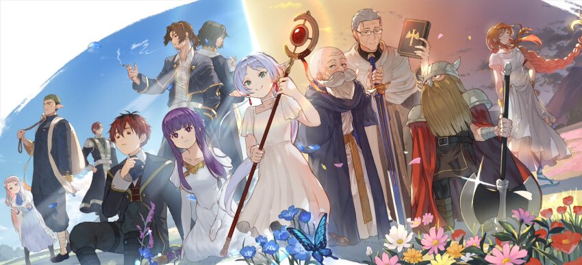 4girls, 6+boys, adjusting_ascot, axe, back-to-back, backpack, bag, bald, battle_axe, beard, black_capelet, black_hair, black_pants, black_pantyhose, blowing_smoke, blue_cloak, blue_dress, blue_sky, bob_cut, book, boots, braid, braided_ponytail, brothers, capelet, carrying_over_shoulder, choker, cigarette, cloak, collared_shirt, day, double_v, dress, dutch_angle, dwarf, eisen_(sousou_no_frieren), elbow_gloves, elf, eyepatch, facial_hair, fake_horns, fern_(sousou_no_frieren), field, floating_hair, flower, flower_field, formal_clothes, frieren, glasses, gloves, granat_(sousou_no_frieren), green_eyes, green_hair, grey_cloak, grey_hair, hair_over_one_eye, heiter, helmet, highres, himmel_(sousou_no_frieren), holding, holding_book, holding_cigarette, holding_polearm, holding_staff, holding_sword, holding_weapon, horned_helmet, horns, kneeling, kraft_(sousou_no_frieren), long_beard, long_hair, looking_at_viewer, mountainous_horizon, multicolored_hair, multiple_boys, multiple_girls, official_alternate_costume, official_alternate_hairstyle, old, old_man, on_ground, orange_hair, pants, pantyhose, petals, pink_hair, pointy_ears, polearm, ponytail, purple_eyes, red_cloak, reverse_grip, sandals, sein's_brother_(sousou_no_frieren), sein_(sousou_no_frieren), shirt, siblings, sidelocks, single_braid, sky, smile, smoking, sousou_no_frieren, staff, standing, stark_(sousou_no_frieren), streaked_hair, sword, sword_village_chief_(sousou_no_frieren), tabard, twilight, updo, v, ve_0ekaki, very_long_hair, weapon, white_cloak, white_dress, white_gloves, white_shirt, wrinkled_skin