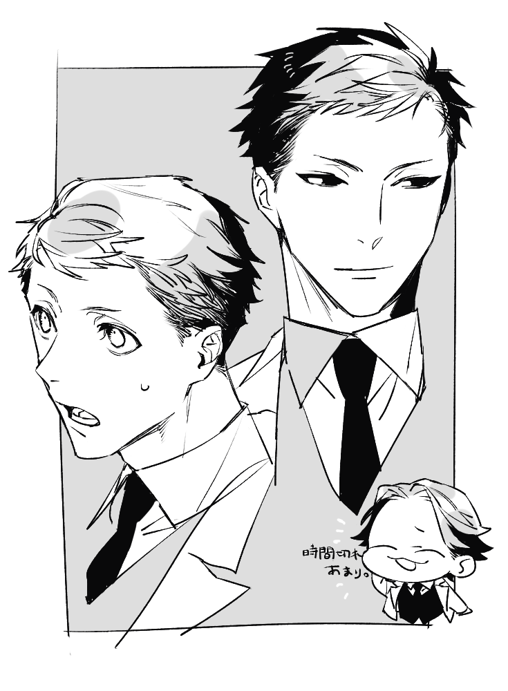 3boys, amari_(joker_game), arm_behind_head, arm_up, black_eyes, chibi, closed_eyes, closed_mouth