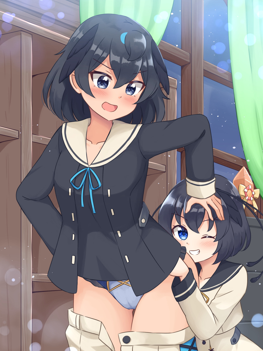 2girls, absurdres, assisted_exposure, black_hair, black_sailor_collar, black_shirt, blue_eyes, blue_panties, blush, bob_cut, clothes_pull, collared_shirt, commentary, commission, cropped_jacket, female_pervert, frown, grin, hand_on_another's_head, high-waist_skirt, highres, indoors, jacket, kemono_friends, long_sleeves, looking_at_another, looking_at_viewer, looking_back, multiple_girls, night, one_eye_closed, open_mouth, panties, pantsing, panty_pull, pervert, pulling_another's_clothes, sailor_collar, shiraha_maru, shirt, short_hair, skirt, skirt_pull, smile, squatting, standing, superb_bird-of-paradise_(kemono_friends), thigh_gap, underwear, western_parotia_(kemono_friends), white_jacket, white_skirt, window