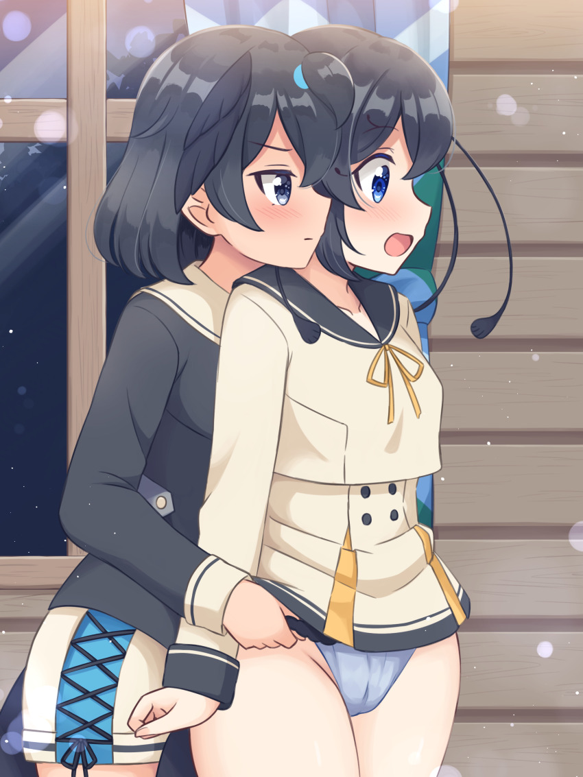 2girls, absurdres, black_hair, black_shirt, blue_eyes, blue_pants, blue_sailor_collar, blush