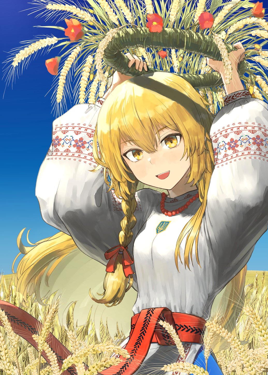 1girl, alternate_costume, blonde_hair, blue_sky, bow, braid, day, dress