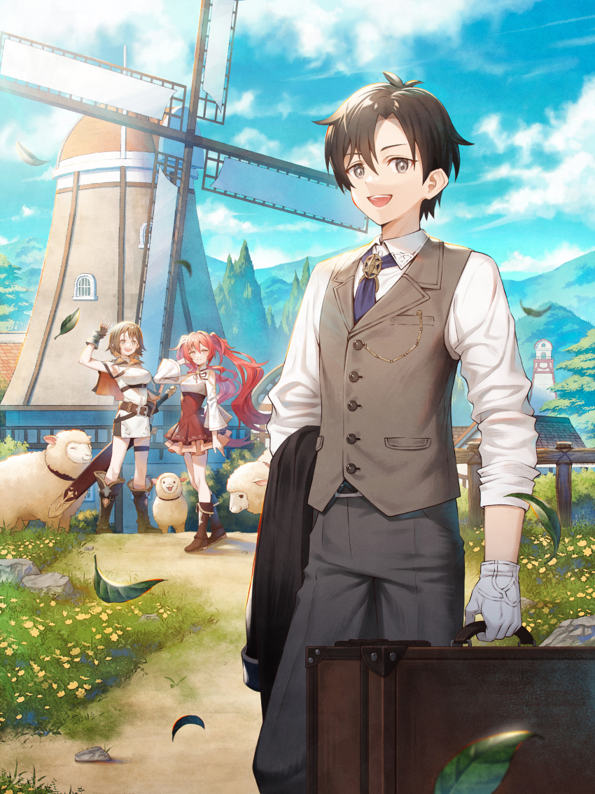 1boy, 2girls, absurdres, arm_up, belt, blue_sky, brown_hair, coat, copyright_request, cover, cover_page, day, fence, fingerless_gloves, gloves, grass, grey_pants, grey_vest, highres, holding_coat, holding_luggage, holding_unworn_clothes, leaf, long_sleeves, multiple_girls, novel_cover, outdoors, pants, red_hair, sheath, sheathed, sheep, sho_(sumika), sky, sword, tree, twintails, unworn_coat, vest, watch_fob, weapon, windmill