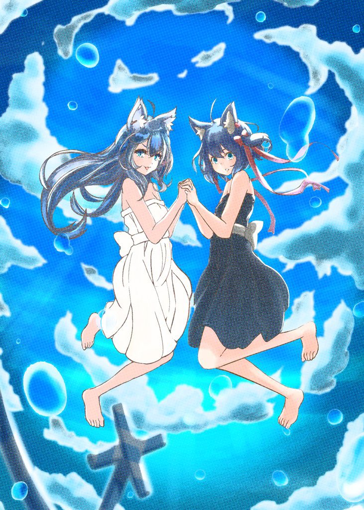 2girls, ahoge, alternate_costume, animal_ear_fluff, animal_ear_piercing, animal_ears, back_bow, barefoot