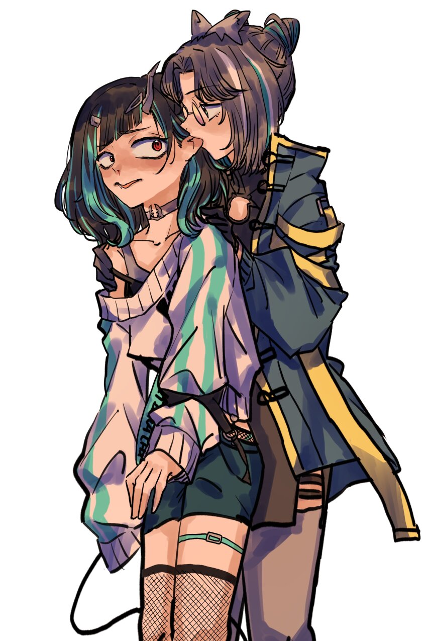 2girls, absurdres, amaotome, biting, biting_ear, black-framed_eyewear, black_dress, black_gloves