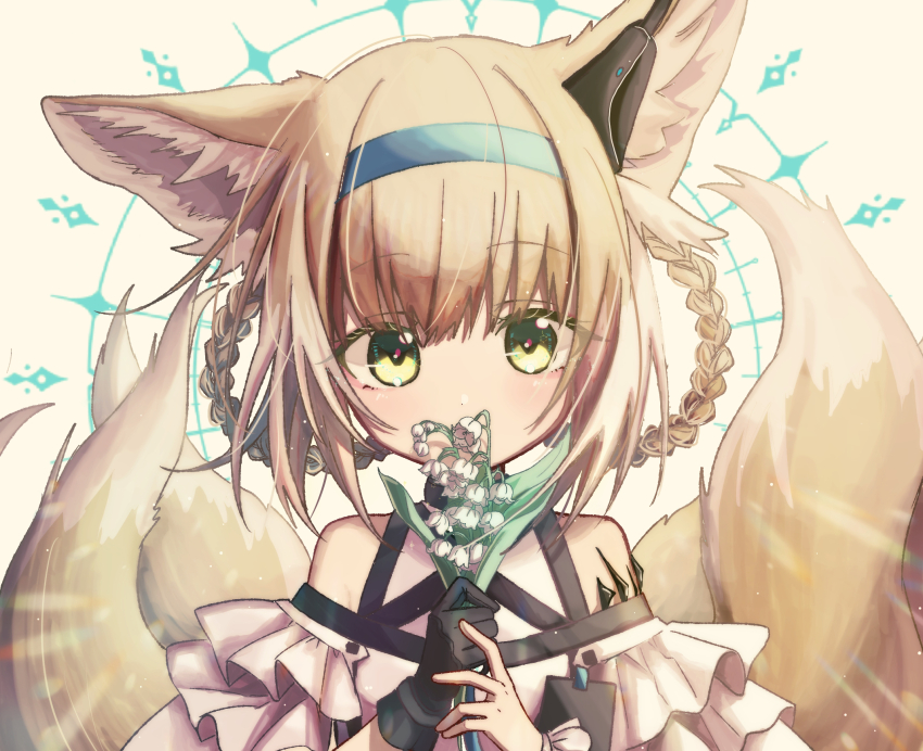 1girl, animal_ears, arknights, bare_shoulders, black_gloves, blonde_hair, blue_hairband, braid
