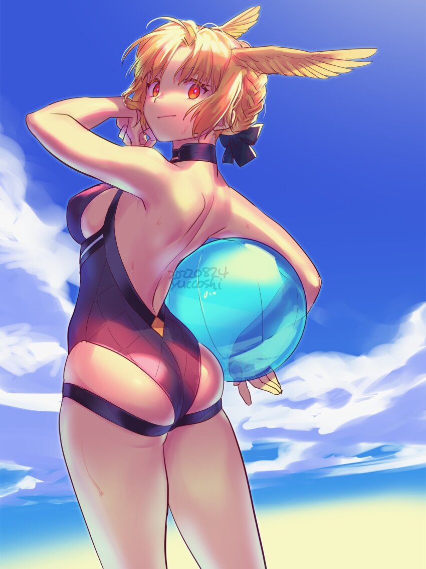 1girl, 2022, artist_name, ass, ball, bare_shoulders, beachball, blonde_hair