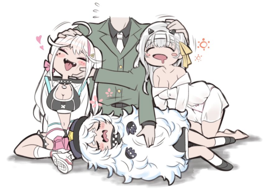 1boy, 3girls, bandages, bare_shoulders, belly_rub, blush, breasts, choker