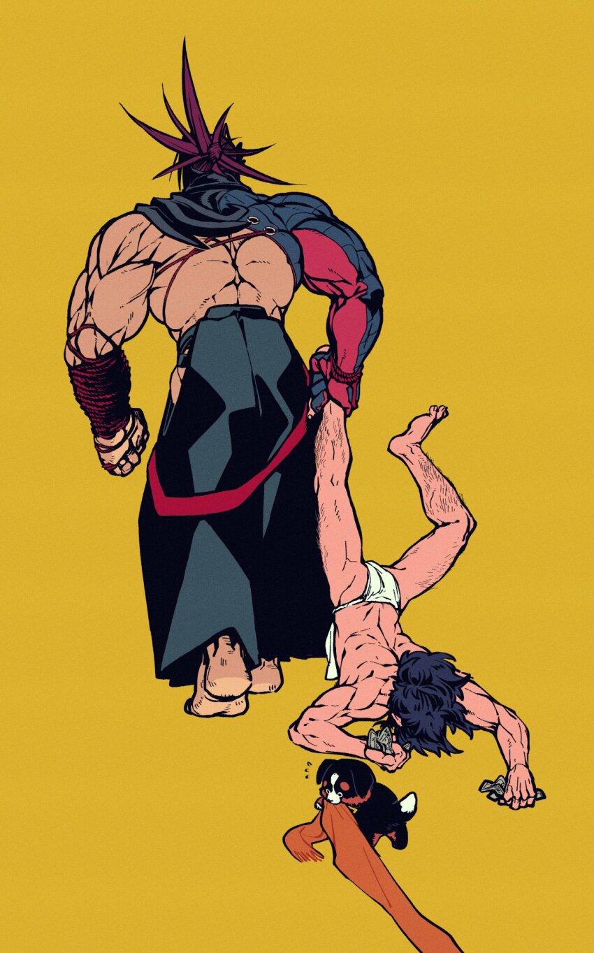 2boys, armor, baby_animal, bara, bare_back, bare_shoulders, barefoot, black_hair