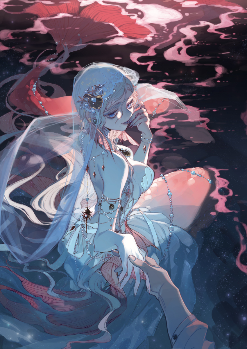 1girl, absurdres, armlet, bead_necklace, bead_tail_ornament, beads, bikini, blue_eyes