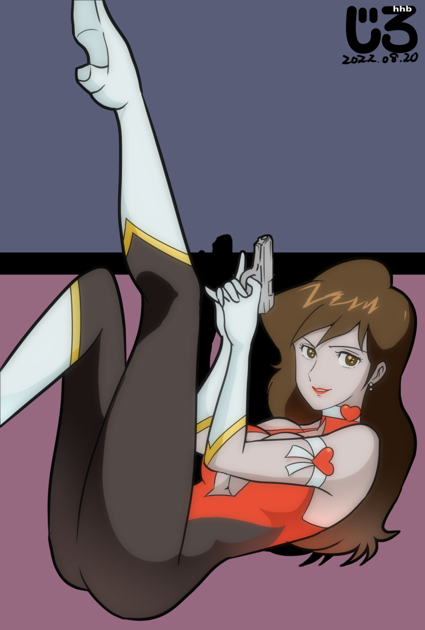 1girl, alternate_costume, armband, ass, boots, breasts, brown_eyes, brown_hair, choker, cleavage, cleavage_cutout, clothing_cutout, commission, cosplay, cutie_honey, cutie_honey_(character), cutie_honey_(character)_(cosplay), dated, gloves, gun, heart, high_heels, highres, jirohhb, large_breasts, leg_up, long_hair, looking_at_viewer, lupin_iii, magical_girl, mine_fujiko, skeb_commission, smile, solo, weapon