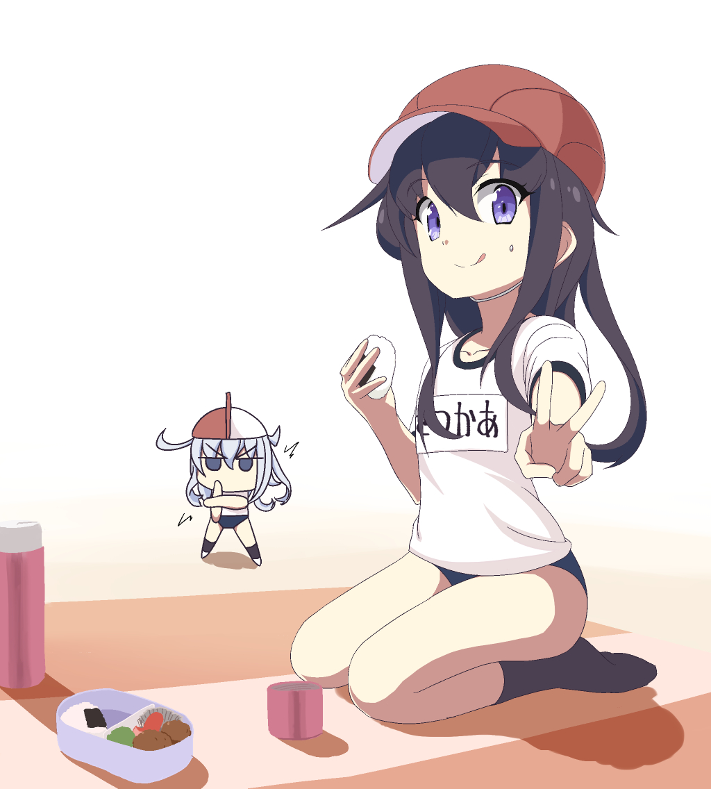 2girls, akatsuki_(kancolle), alternate_costume, black_hair, black_socks, blue_buruma, buruma, food