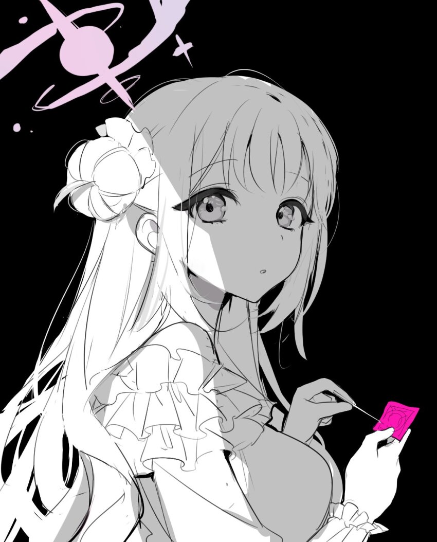 1girl, blue_archive, breasts, chipietsu, condom, condom_wrapper, dress, frills