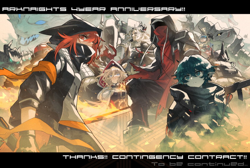 animal_ears, animal_hood, anniversary, antlers, arknights, armband, big_bob_(arknights), black_gloves