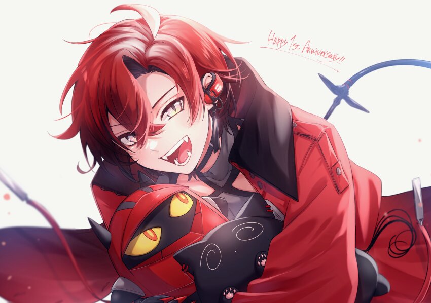 1boy, absurdres, ahoge, black_hair, creature, earpiece, english_text, fangs