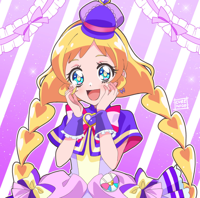 1girl, :d, blonde_hair, blue_eyes, blush, bow, bow_earrings, braid