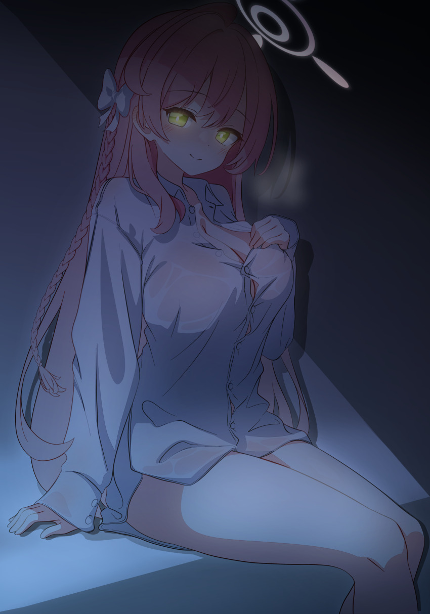 1girl, absurdres, acalephea, ahoge, blue_archive, blush, buttons, closed_mouth