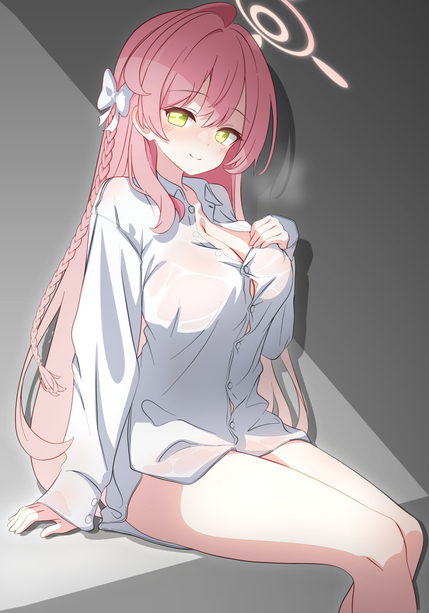 1girl, absurdres, acalephea, ahoge, blue_archive, blush, buttons, closed_mouth